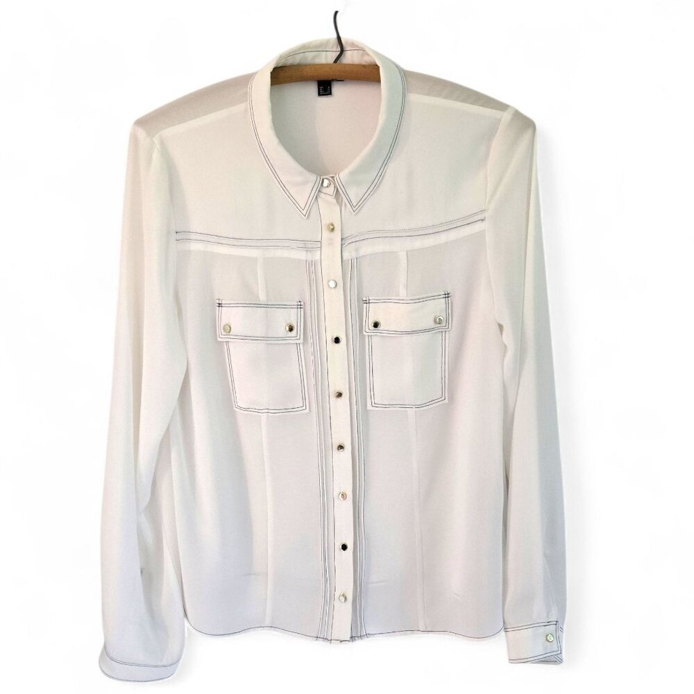 Cortefiel Womens Long Sleeve Button-Down Blouse White Size M Sheer